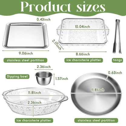 Baderke 4 Set 11.8" + 9" Chilled Serving Tray for Parties with Compartments Ice Chilled Party Platter Charcuterie Serving Board 1.7 oz Dipping Bowls with Tongs for Fruit Seafood Vegetable (Natural)