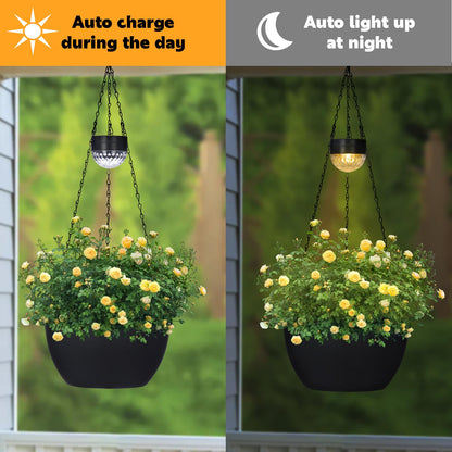 SUNNYPARK 2 Packs Hanging Planters Basket for Outdoor Plants, Solar Powered Self Watering Black Round Plastic Flower Pots with Drainer for Balcony Patio Garden Outdoor Decoration