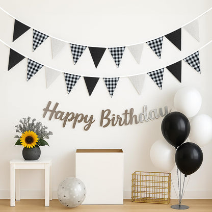 G2PLUS Black and White Gingham Fabric Bunting Banner, 32Ft Cotton Burlap Triangle Garland for Soccer Party, Game Day, Racing Car Party, Birthday, Graduation & Outdoor Decorations