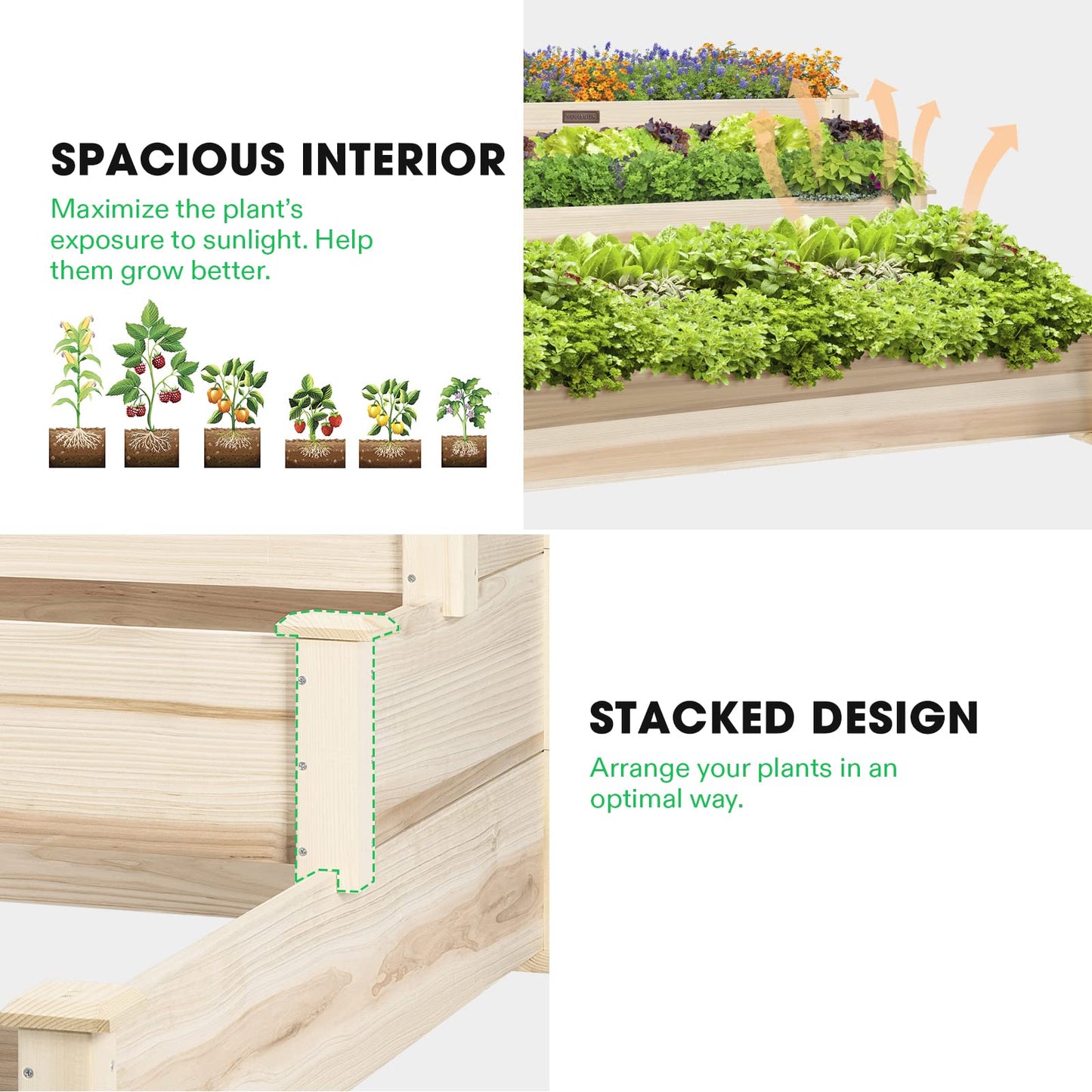 VIVOSUN 3-Tier Wooden Raised Garden Bed, 48 x 48 x 21 Inches, Outdoor Wood Planter Kit for Plants, Herbs, and Vegetables for Garden, Patio, Balcony, Backyard and Outdoors