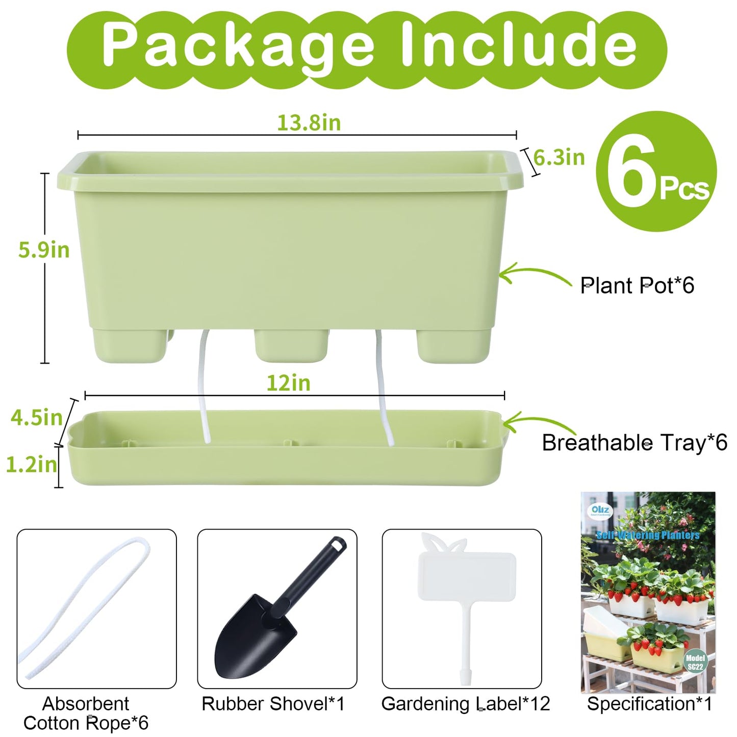 Oliz Window Box Planter 6 Packs, 13.8 Inches Rectangle Flower Pots with Drainage Holes & Trays, Pots for Vegetables, Herbs, Flowers, Garden Windowsill Balcony (Green)