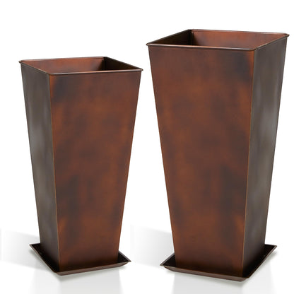 Worth Garden Large Metal Planter Set of 2 (25" & 28" H.), Matte Bronze Retro Finish Tall Square Tapered Steel Plant Pots, Decor Flower Pot Indoor & Outdoor, Drainage Hole & Dual-Purpose Plant Saucer