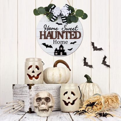 HOURIA Happy Halloween Wreaths Wooden Sign (11.4”x11.4”),3D Home Sweet Haunted Home Door Sign,Rustic Halloween Themed Castle Bat Wall Hanging Sign for Front Door Party Farmhouse Office