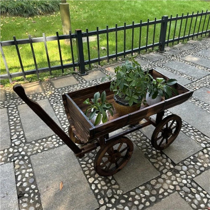 LFSBTI Garden Rustic Wooden Plant Pots, Wagon Wheels for Outdoor Decor, Decorative Wheelbarrow for Patio, Wood Flower Planter Pot Stand with 4 Wheels