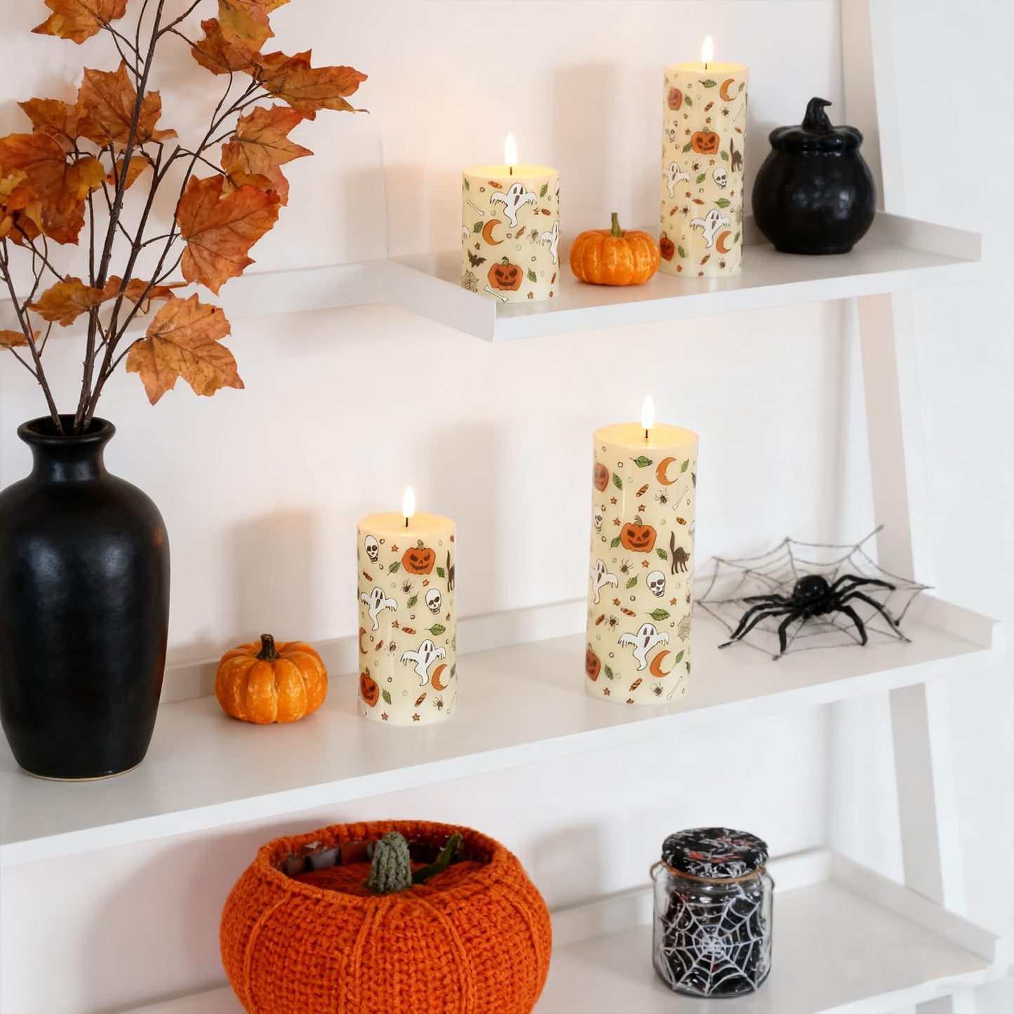 Lezonic Ivory Flameless Candles with Remote, LED Battery Operated Flickering with Timer, 4 Pack Glossy Wax Drips Design Real Wax Pillar for Halloween Decor, Centerpiece, Birthday Gifts (4/5/6/8 Inch)
