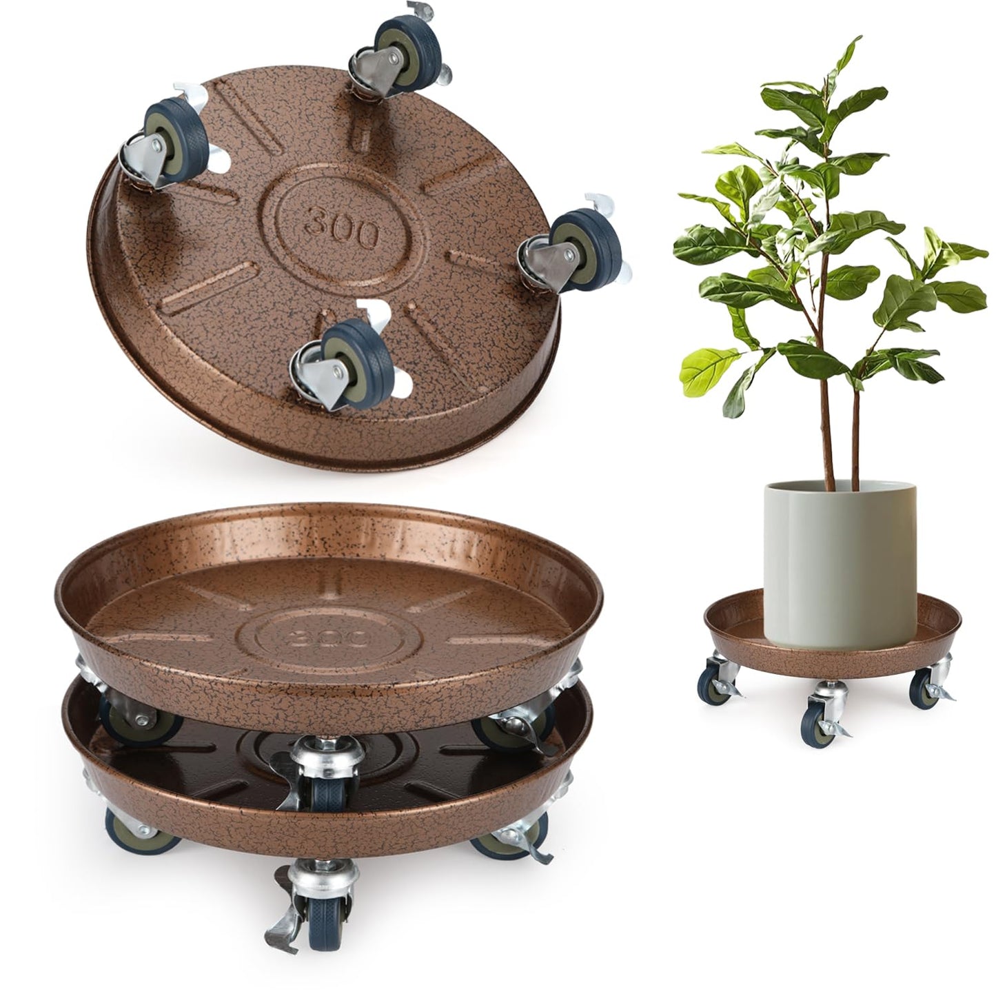 2 Pack Plant Caddy with Wheels, 12" Rolling Plant Stand 265 LBS Heavy Duty Metal Tray No Holes with Large Metal 360° Lockable Caster Wheels for Outdoor Indoor Large Plant Pots, Flower Pot, Patio
