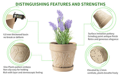 Melphoe Plant Pots Indoor with Drainage & Saucer, 2Pack 8 inch Flower Pots Outdoor Planters for Indoor Plants Garden Home Decor Cactus Succulent, Rigid Plastic (Imitation-Terracotta) Vine-Embossed
