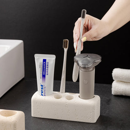 Haocoott Toothbrush Holder with 6 Slots, Bathroom Electric Toothbrush and Toothpaste Holder Set, Bathroom Organizer for Countertop, Shower, Vanity, Travertine Stone Look, Off-White