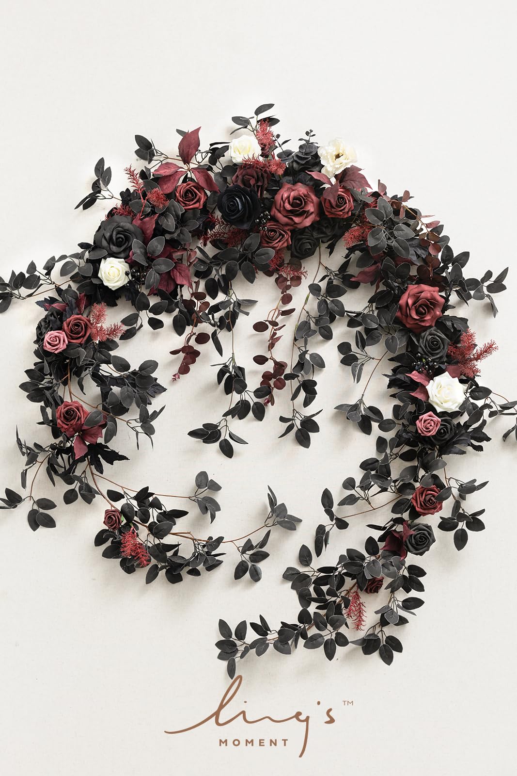 Ling's moment 9FT Eucalyptus & Willow Leaf Garland with White Flower, Handcrafted Wedding Sweetheart Table Centerpieces Head Table Decor Arch Backdrop Decorations for Wedding | Black & Burgundy