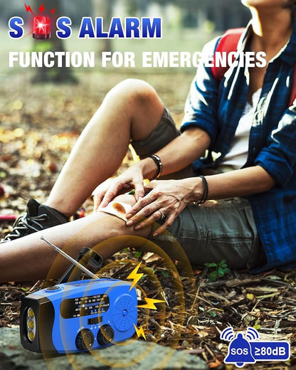 Hand Crank Radio with AM/FM/NOAA Weather Bands,for Emergencies, Camping | 3 LED Flashlights,SOS Function,Solar Powered,Hand Cranked, 2000mAh/7400mWh Charger,for Power Outage - Blue