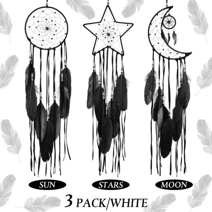 Jetec 3 Pcs Dream Catcher Moon Sun Star Design Handmade Traditional Craft Ornament Wall Art Hanging Home Decoration for Bedroom Room Decor Wedding Halloween Christmas Decorations Gift(Black)