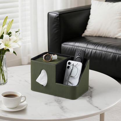 PU Leather Square Tissue Box Cover with Magnetic Closure, Tissue Holder with Storage Tray & Remote Control Organizer, for Nightstand, Living Room, Bathroom, Office Desk (Green Stripes)
