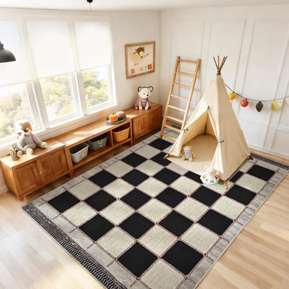 Yinhua Checkered 5x7 Area Rugs Black Farmhouse Washable Area Rug for Living Room Non Slip Soft Faux Wool Distressed Rugs for Bedroom, Classic Checkerboard Throw Rug for Nursery Office Playroom