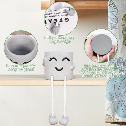 Uguisu 1 Piece Gray Cute Smiley Cement Planter, Small Plant Pot, Indoor Succulent Pot, Fun Planter with Hanging Feet for Living Room, Office, Desk and Bathroom Shelf Decor (Plants Not Included).