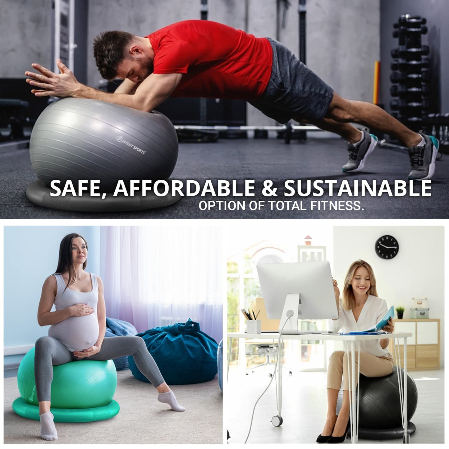 INTENT SPORTS Yoga Ball Chair – Stability Ball with Inflatable Stability Base & Resistance Bands, Fitness Ball for Home Gym, Office, Improves Back Pain, Core, Posture & Balance (65 Cm)