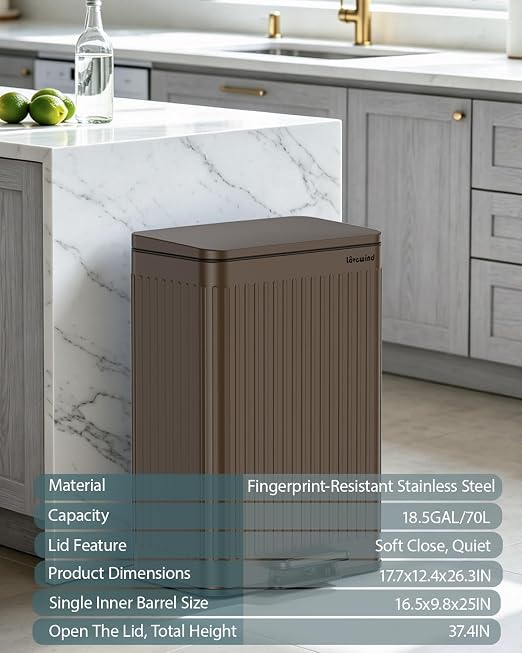 Lovewind Kitchen Trash Can, 18.5 Gallon / 70L Large Kitchen Garbage Can with Soft Close Lid – Pet Resistant, Removable Inner Bucket, Stainless Steel Trash Bin Perfect for Big Families, Brown
