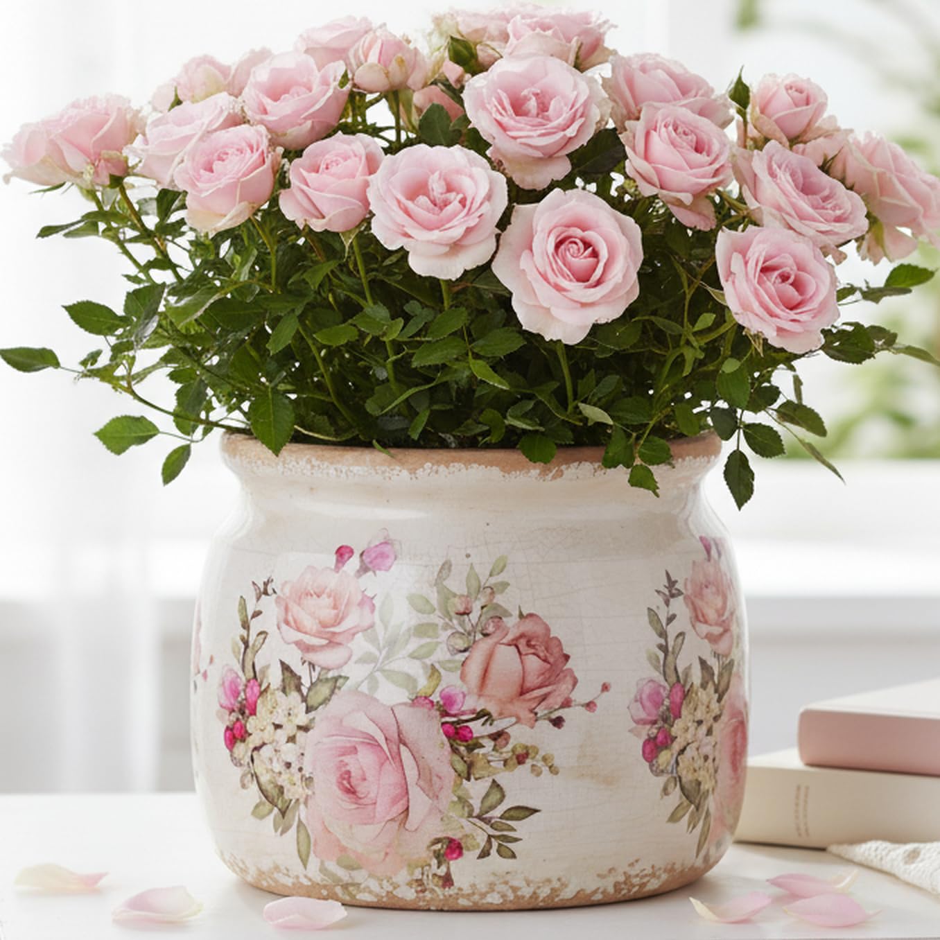 Xiaan Jiaju Ceramic Planter for Indoor Plants, 6.29 Inch Rose Pattern Crackle Glaze Flower Pot with Drainage Hole, Orchid Succulent Pots, European Farmhouse Bedroom Balcony Decor Gift, Pink