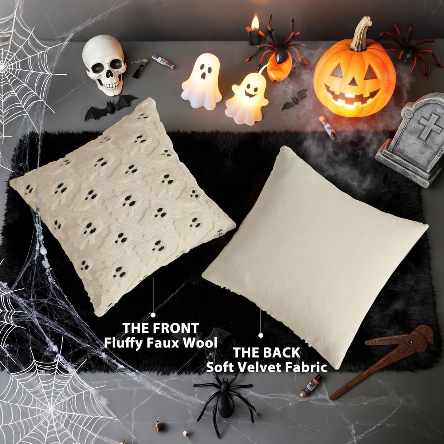 decorUhome Fall Halloween Ghost Pillow Covers 18x18 Inch Pack of 2 Soft Plush Faux Wool Textured Throw Pillow Covers Cute 3D Ghost Decorative Cushion Cases for Couch Sofa Bedroom Home Decor, Beige