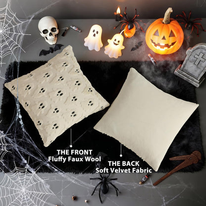 decorUhome Fall Halloween Ghost Pillow Covers 18x18 Inch Pack of 2 Soft Plush Faux Wool Textured Throw Pillow Covers Cute 3D Ghost Decorative Cushion Cases for Couch Sofa Bedroom Home Decor, Beige