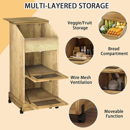 Potato Storage Bin, Wooden Bread Bins with Wheel, Movable Onion Storage Bin, Decorative Vegetable Storage Box for Kitchen Pantry, Brown