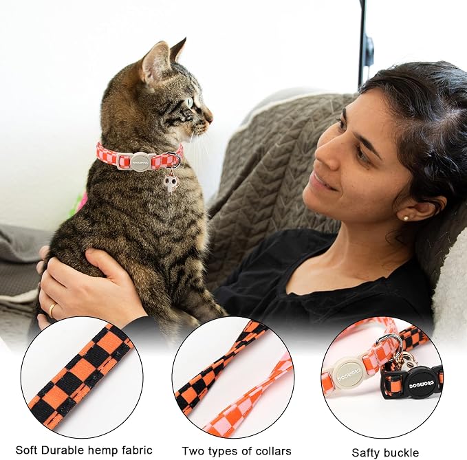 2 Pack Fall Cat Collars Breakaway with Bell, DOGWONG Safety Buckle Orange Plaid Halloween Cute Cat Collar for Girl Boy Cats，Adjustable 7-12 Inch