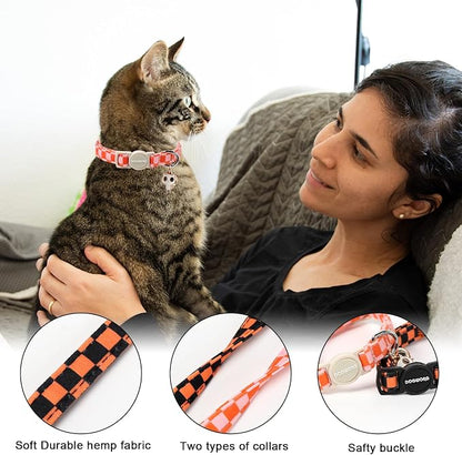 2 Pack Fall Cat Collars Breakaway with Bell, DOGWONG Safety Buckle Orange Plaid Halloween Cute Cat Collar for Girl Boy Cats，Adjustable 7-12 Inch