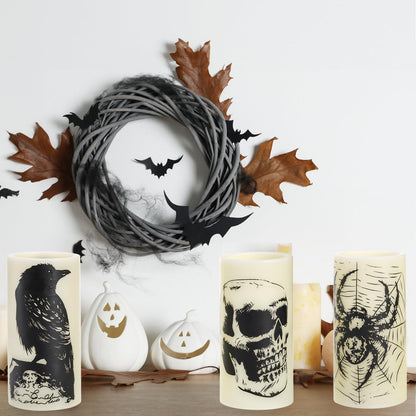 Hbaushun Halloween Flameless Candles LED Flickering Candles with Skull, Crow, Spider Web Decals,Battery Operated with 6 Hour Timer Halloween Decorations Horror Themed Candles(3 Pack, D3 x H6)