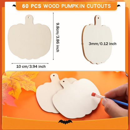 60 Pcs Wooden Pumpkin Cutouts Unfinished Pumpkin Wood Slices Blank Fall Wood Cutouts with Hole Wood Thanksgiving Hanging Ornament with Rope for DIY Crafts Halloween Autumn Harvest Decor,3.86x3.94