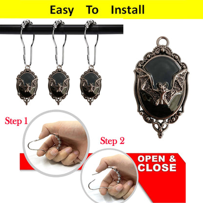 ZILucky Set of 12 Bats Shower Curtain Hooks Rings, Gothic Vampire Bat, Halloween Party Supplies Haunted House Decoration (Black-Background)