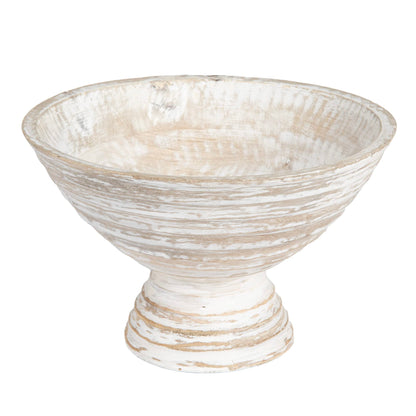 Creative Co-Op Boho Wood Pedestal Serving Bowl, White Wash Finish