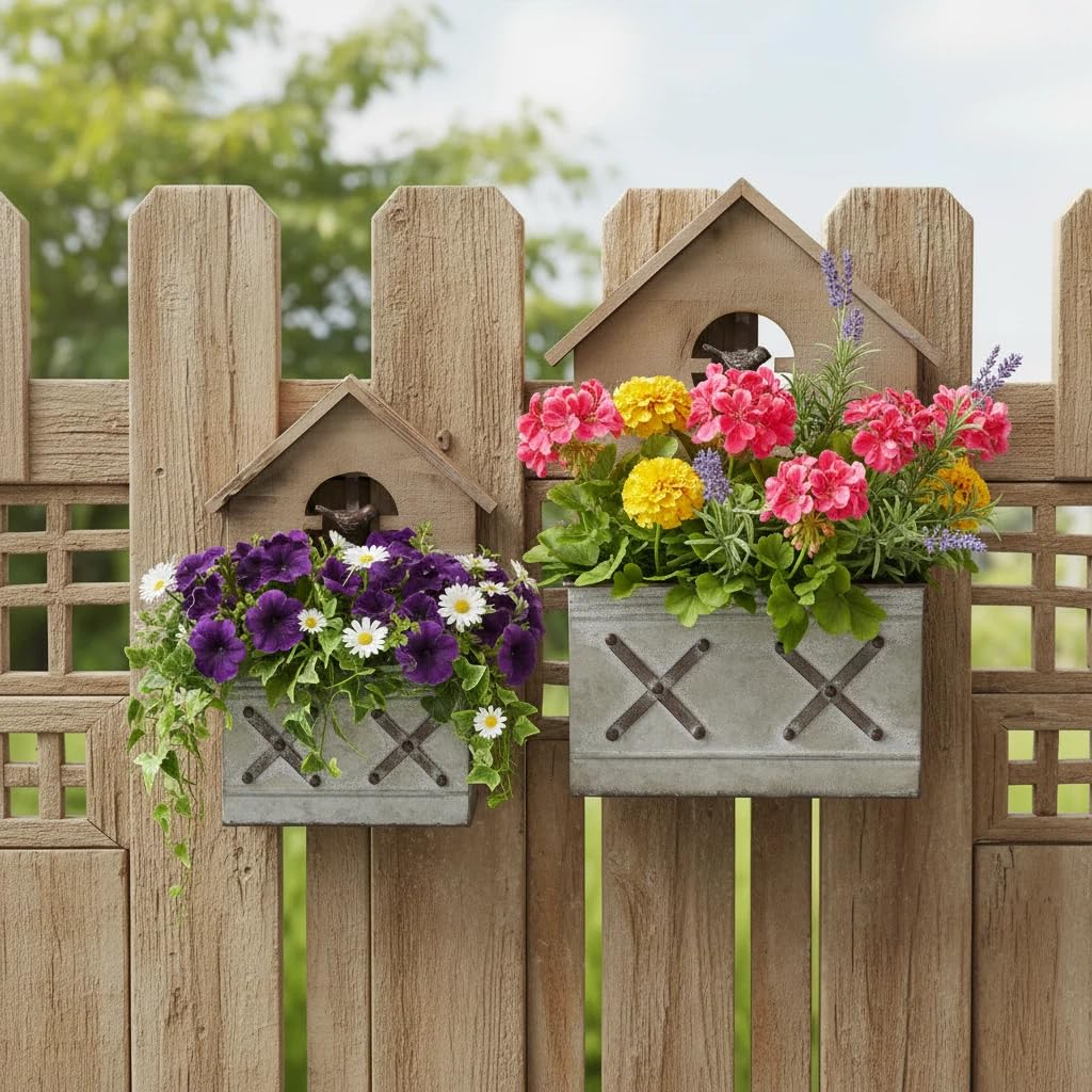 SOFE Set of 2 Wall Mounted Metal Planter Box, Rustic Wall Flower Pot Birdhouse Shaped, Vintage Hanging Plant Holder for Garden Home Balcony Patio Farmhouse, Wood & Galvanized