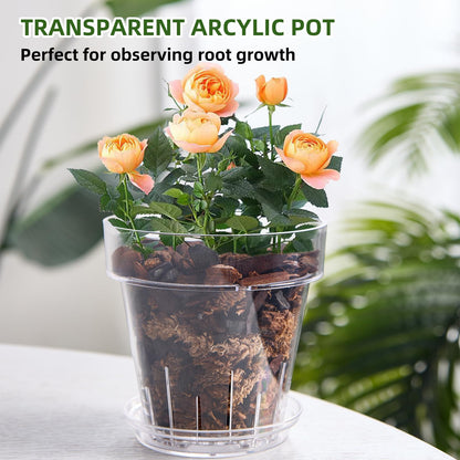 SUADEN 7.1 Inch Clear Acrylic Planter Pot with Tray,Orchid Pot with Drainage Holes,Side Holes for Hanging,Twist-Lock Saucer for Easy Moving, Transparent Containers for Indoor Plants Herbs