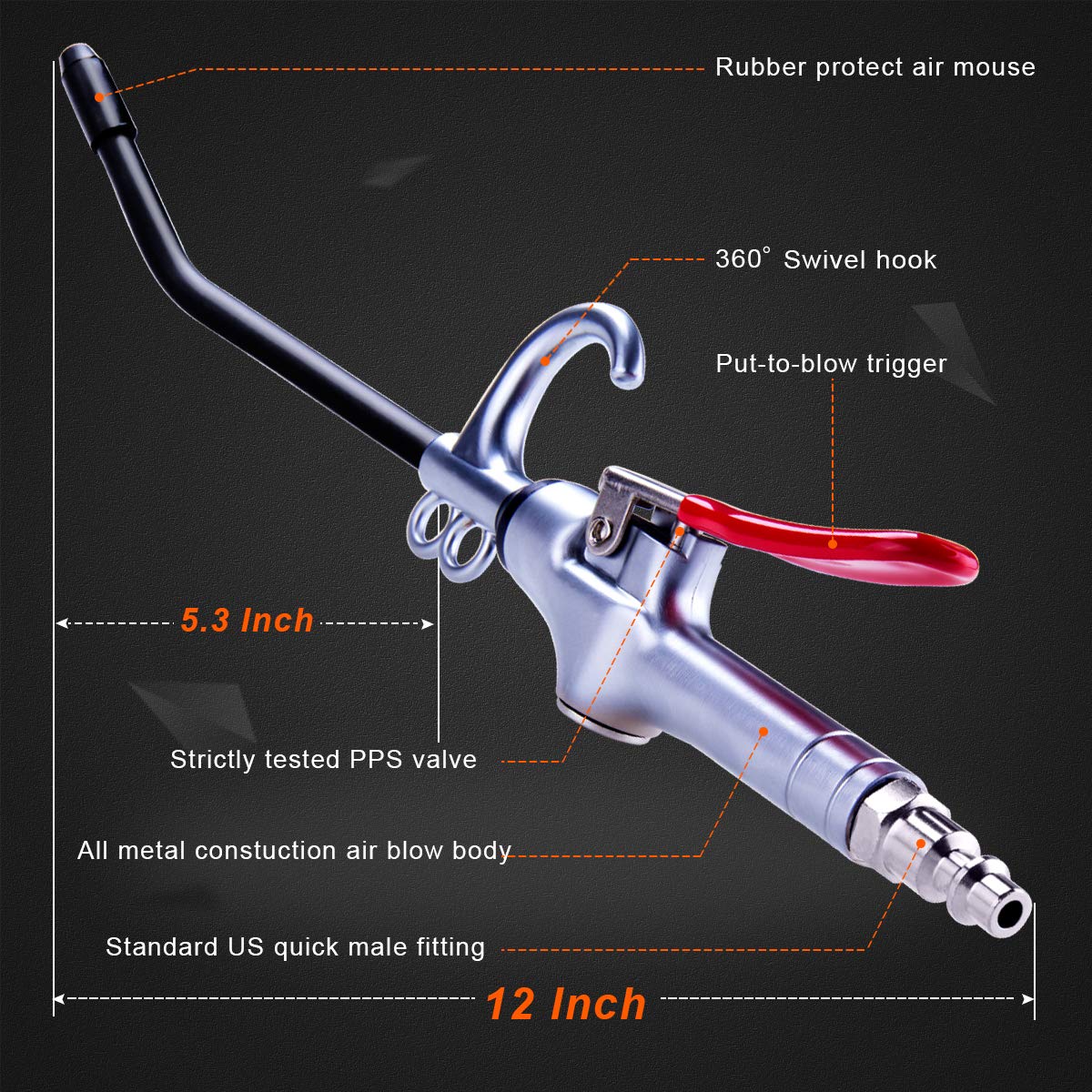 High Volume Air Blow Gun Alluminum Rubber Guard Air Flow Nozzle,Industrial Household Air Blower Gun,Pneumatic Air Compressor Accessories Dust Cleaning Tool