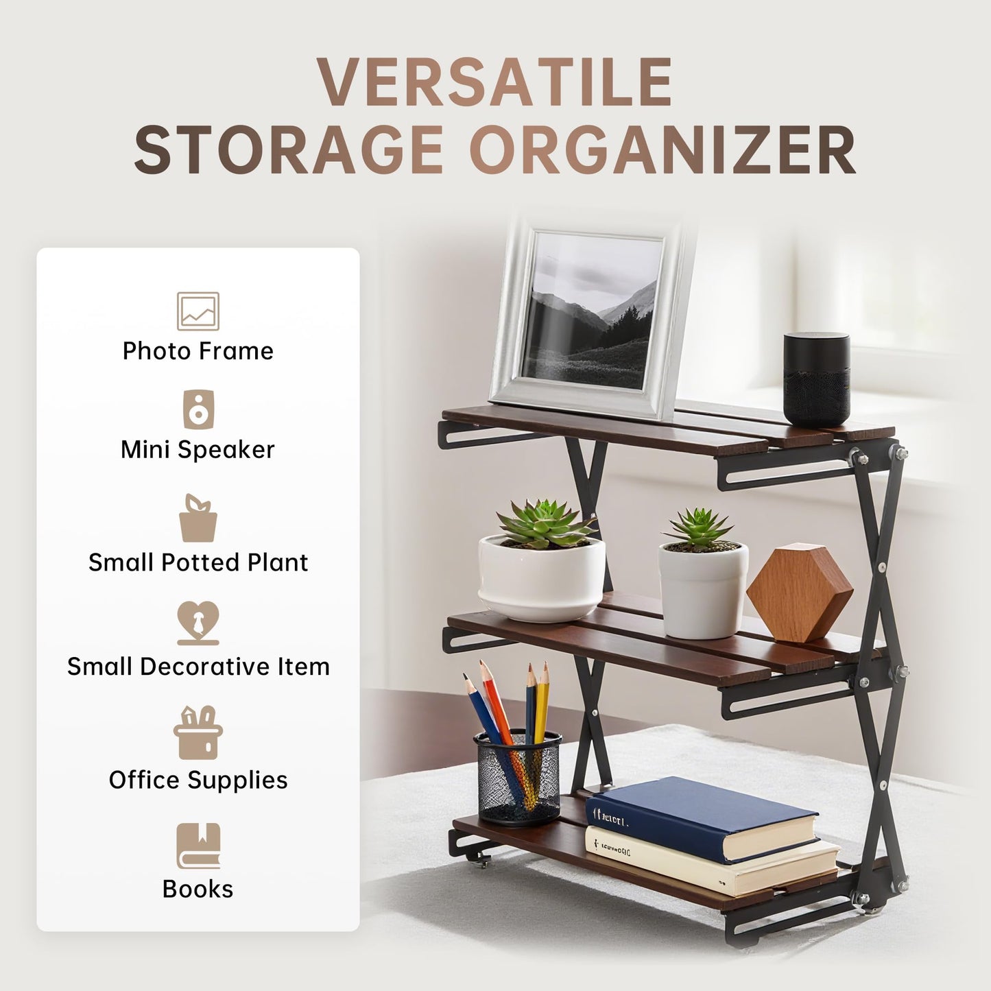 TlaroRiz Desk Shelf Organizer 3 Tiers Wood Compact Desk Organizer Storage Rack Metal Frame Office Desk Shelf Organizers,Walnut