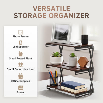 TlaroRiz Desk Shelf Organizer 3 Tiers Wood Compact Desk Organizer Storage Rack Metal Frame Office Desk Shelf Organizers,Walnut