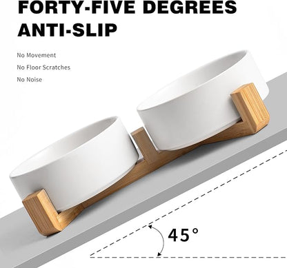 Mowtanco White Ceramic Dog & Cat Bowl Set – 13.5 OZ with Wooden Stand, Non-Slip, Elevated Design for Small Dogs & Cats – 2 Bowls (Food & Water, Ceramic Pet Bowls, Modern Dog Bowls)