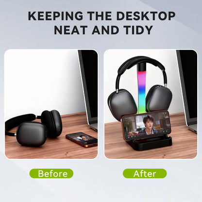 Tascaquin Headphone Stand with Charger,Gaming Headset stand with RGB Light Mode,For Airpod Max Stand,Desk Lamp,Phone Holder,Tablet Holder,desktop organizer,Gifts for Gamers & Music Lover(Black)
