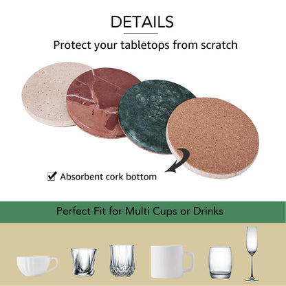 JIMEI Natural Travertine Marble Coaster Set of 4-4 Inch Round Handmade Stone Drink Coasters, Absorbent & Non-Slip Cork Backing
