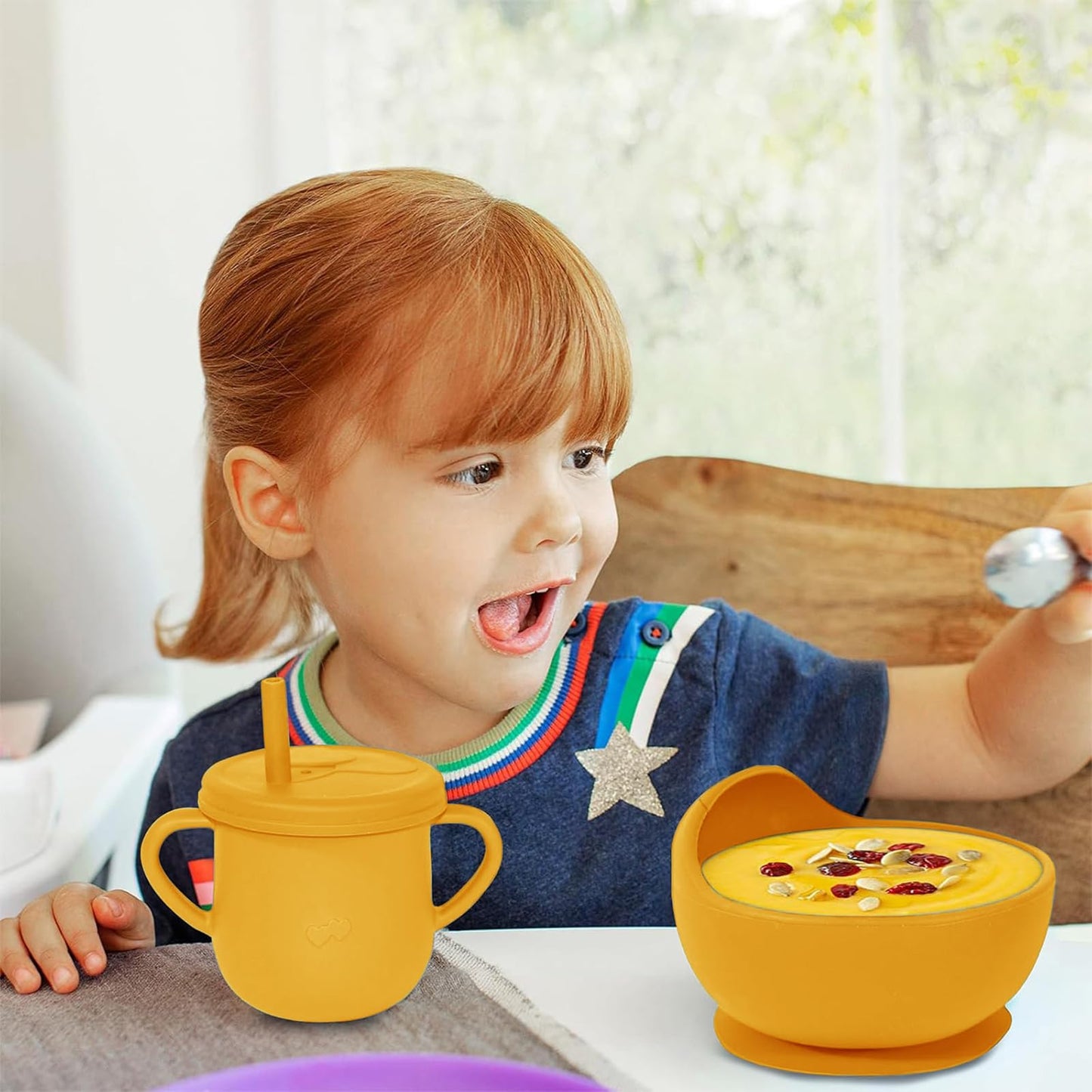 Dormlony 100% Silicone baby feeding set,BPA free Baby dishes set with Suction Bowl Divided Plate,Toddler Self Feeding Dish Set with Spoons Forks Sippy Cup And Bib, Baby Eating Utensils (Pumpkin)