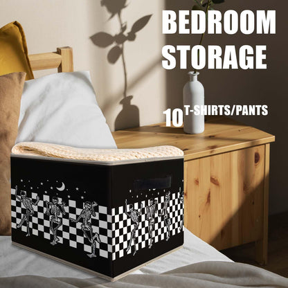 Likjad Halloween Gothic Skeleton Storage Bins Basket, Black and White Checkered Funny Gothic Collapsible Fabric Storage Box Organizer Toybox for Bedroom Bathroom Clothes Books Toys