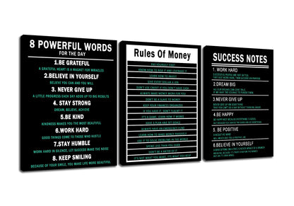 PSYYSP 3 Piece Canvas Wall Art Life Upgrade Money Rules Success Notes Posters, Black Teal Motivational Triptych Wall Decor for Office, Bedroom, Dorm, Framed Canvas 36x16inch