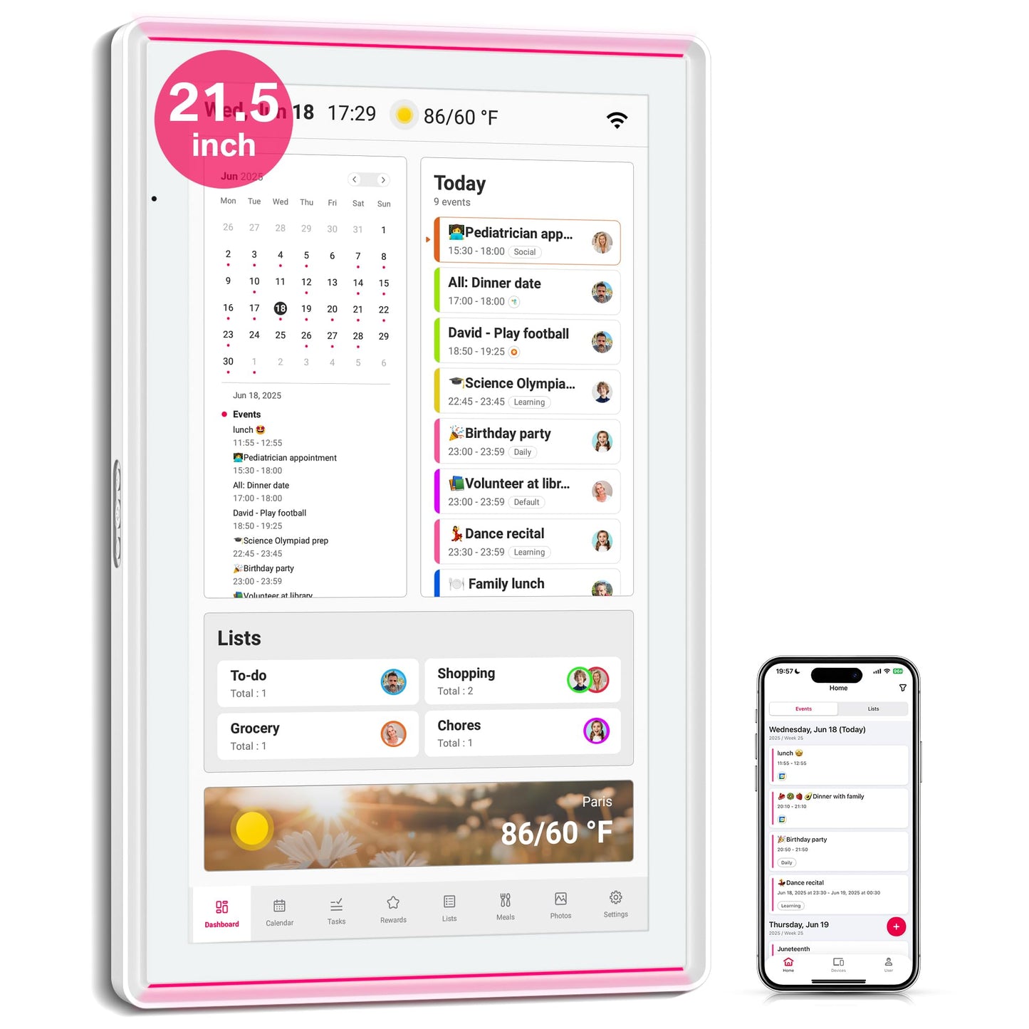 21.5 Inch Digital Calendar, Full HD Touchscreen Smart Planner for Family Schedules - Wall Mount, Great for Seamless Daily Planning & Household Organization, with LED Reminder Light