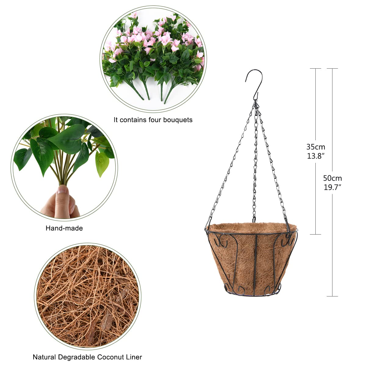 Homsunny Artificial Hanging Flowers Plants Basket for Outdoor Decoration,4 PCS Faux Silk Bougainvillea Vine Flowers Look Real UV Resistant for Outside Porch Patio Yard Garden Decor(Pink