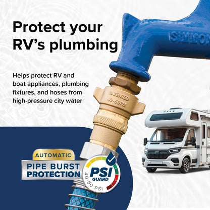Camco Brass Marine/RV Water Pressure Regulator – Protects RV Kitchen Small Appliances, Plumbing & Hoses – Reduces RV Water Pressure to Safe & Consistent 40-50 PSI – Drinking Water Safe (40055)
