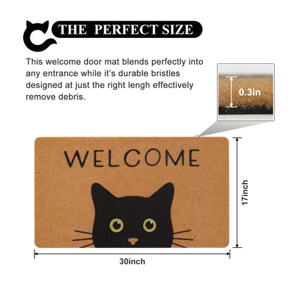 UINI Door Mat Cat Welcome Mat, Black Cat with Green Eyes Doormat, Non-Slip Cat Welcome Mats for Front Door, Outside Entrance, Resist Dirt, 17" x 30"