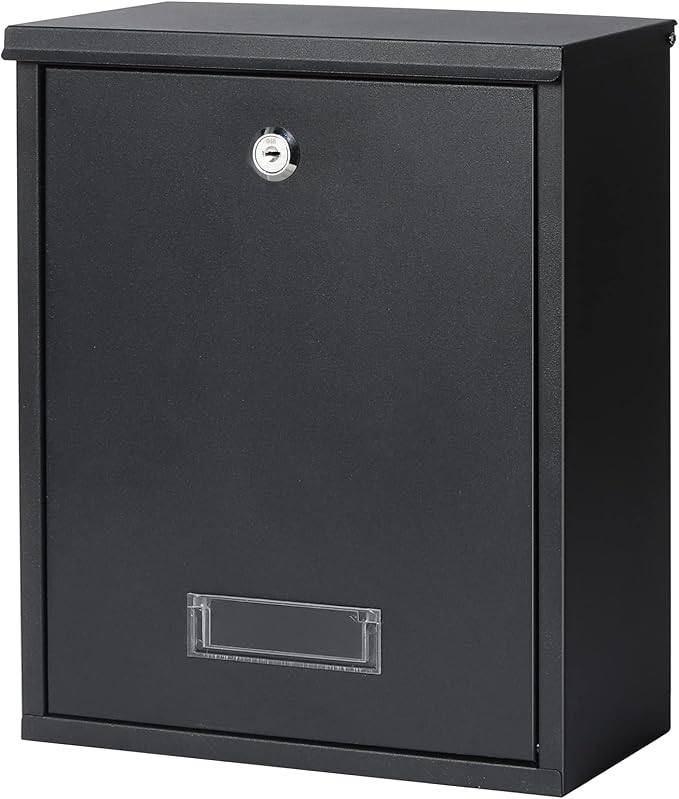 Jssmst Locking Mailbox Wall Mount Key Lock Drop Box Large Capacity with Galvanized Steel Cover and Rust-Proof Metal Post Box, Black Matt, SM-0702LK,Medium