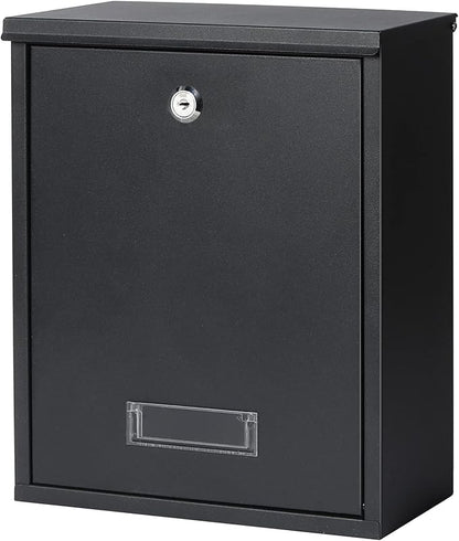 Jssmst Locking Mailbox Wall Mount Key Lock Drop Box Large Capacity with Galvanized Steel Cover and Rust-Proof Metal Post Box, Black Matt, SM-0702LK,Medium