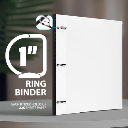 WOT I 1 Inch Telescoping 3 Ring Binder 4 Pack, Expandable Flexible Binder with Customizable Front Cover & Clear Catalog Pocket, Holds 225 Sheets, School Office Supplies, White