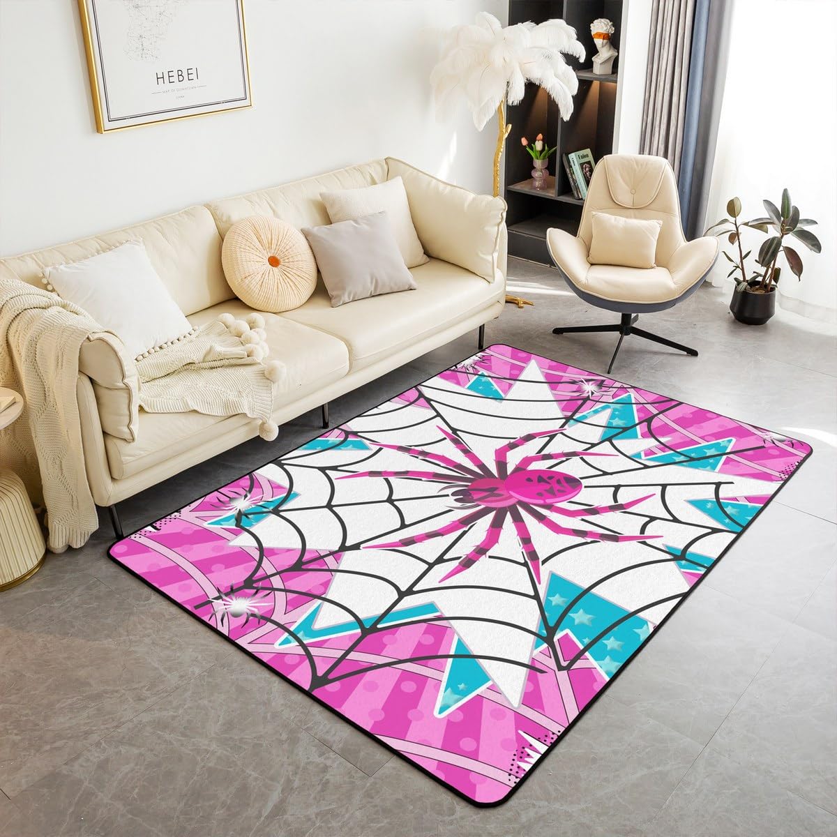 Manfei Pink Spider Kids Area Rug,Black Spider Web Halloween Gothic Trippy Indoor Floor Mat Entrance Rug for Girls Boys,Stars Stripe Geometric Non Slip Rug,Unique Couch Living Room Decor,5'x6'6''
