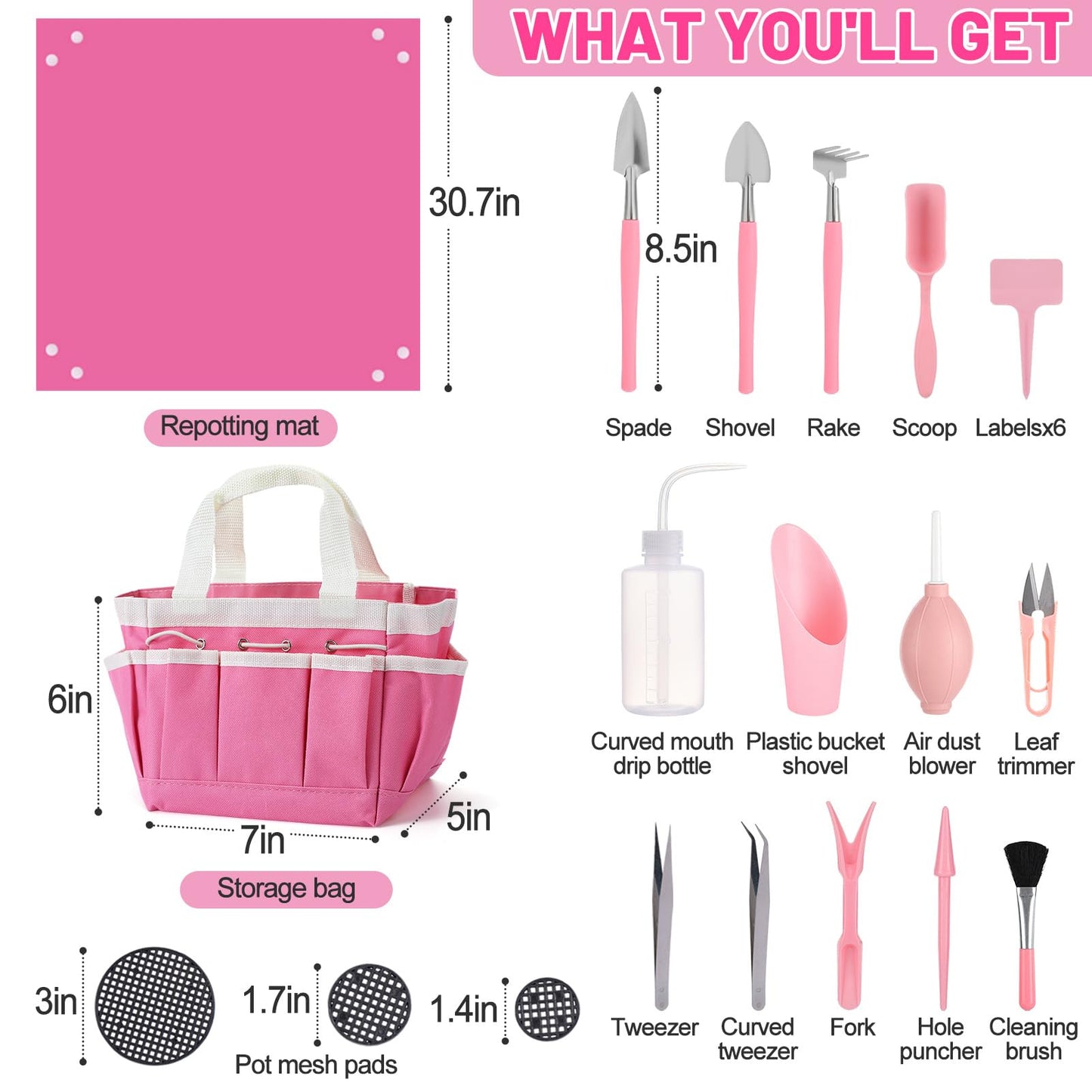 44pcs Small Gardening Tools Gifts for Women Beginners - Garden Hand Tools Set for Indoor Succulent Bonsai Plants Transplanting, Included Bag/Repotting Mat/Shovel/Labels, Pink